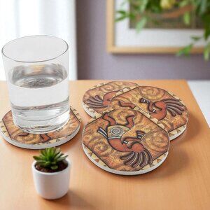 Set Of 4 Kokopelli-Themed Coasters With Cork Backing 4-Inch Round Design Southwe